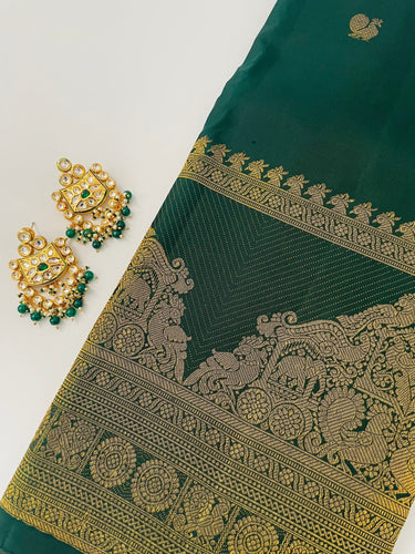 Kanchipuram Pure Silk Saree | Bottle Green | Pure Zari | Handwoven | Ships from California | Pushpam - ShopNaya Exclusive